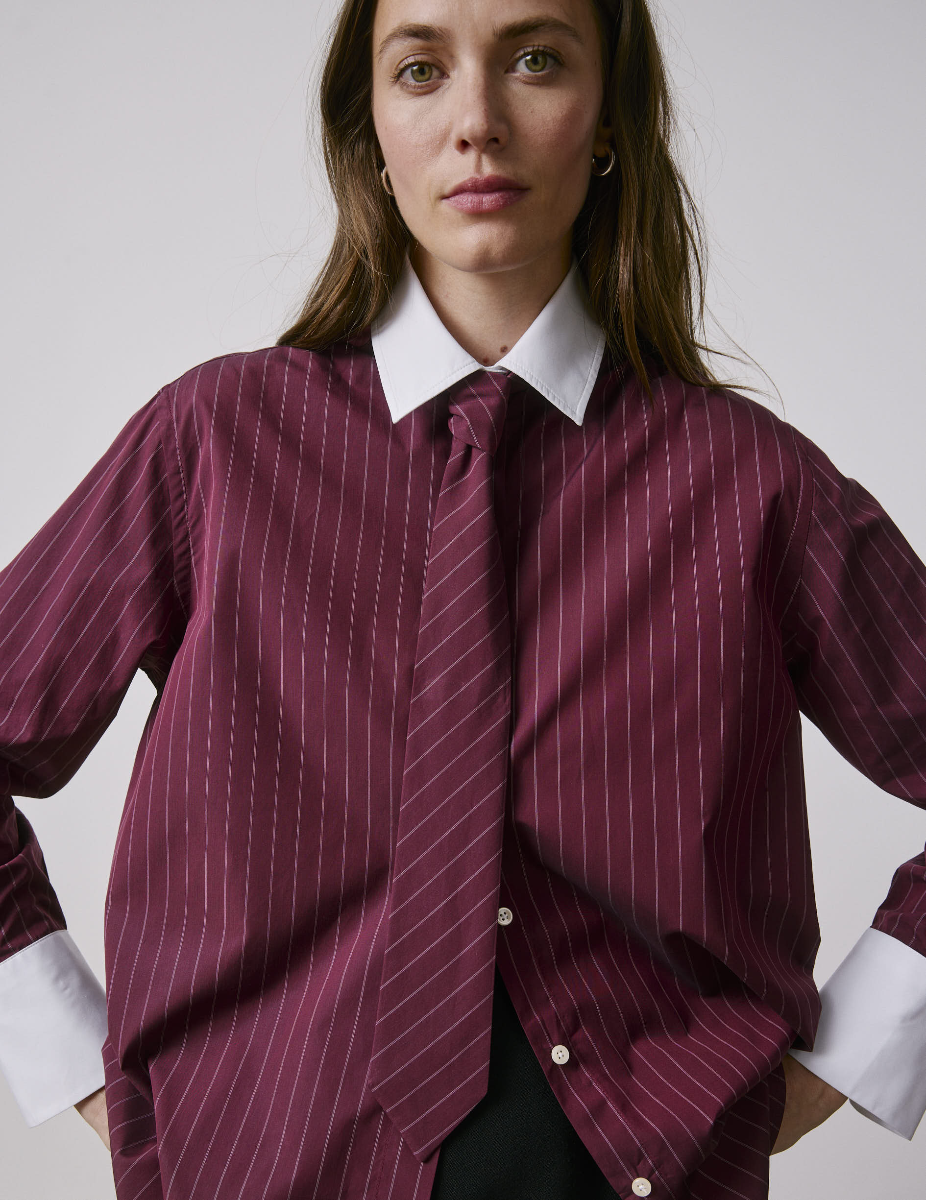 Burgundy striped Naéline shirt with removable tie - Poplin - Shirt Collar