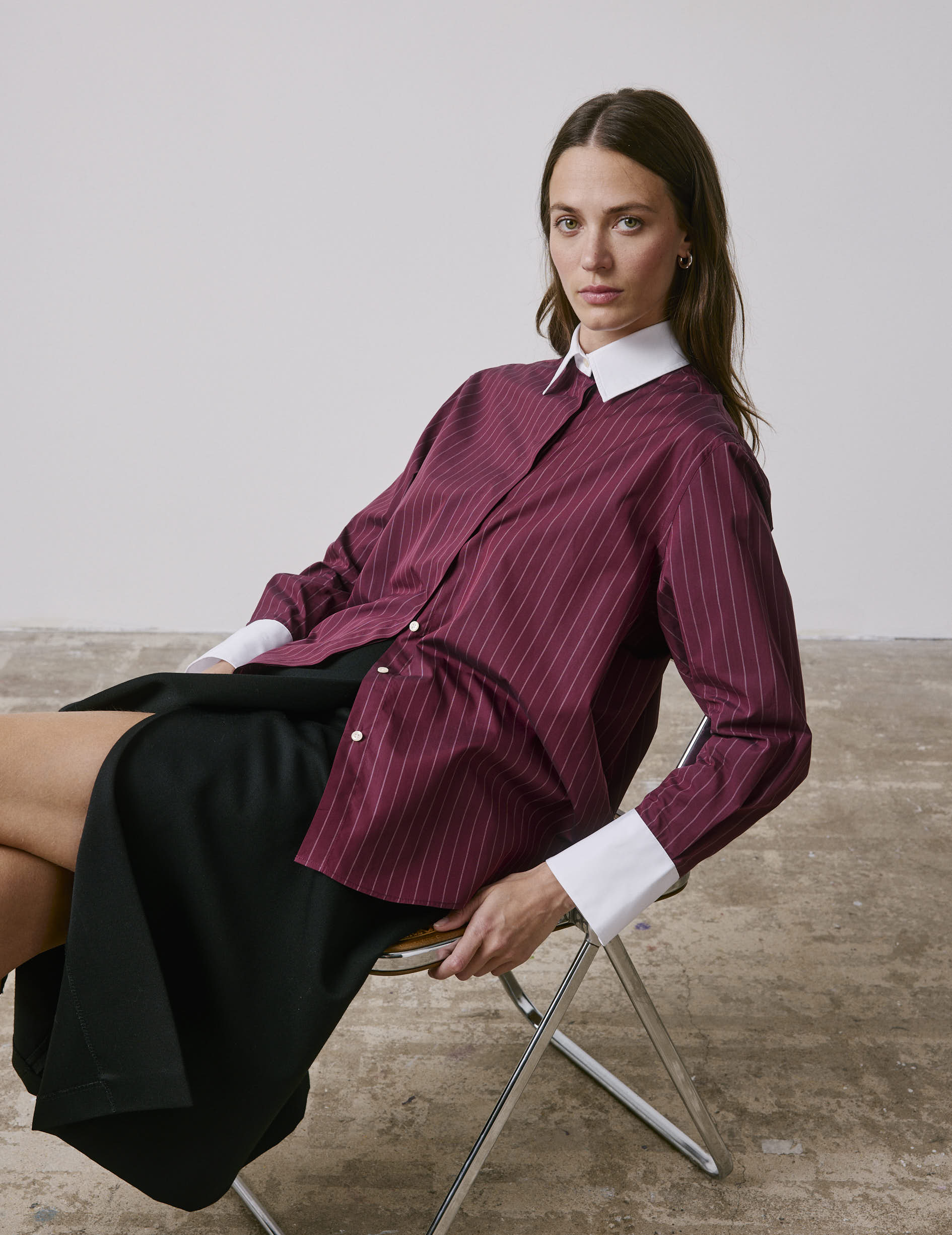 Burgundy striped Naéline shirt with removable tie - Poplin - Shirt Collar