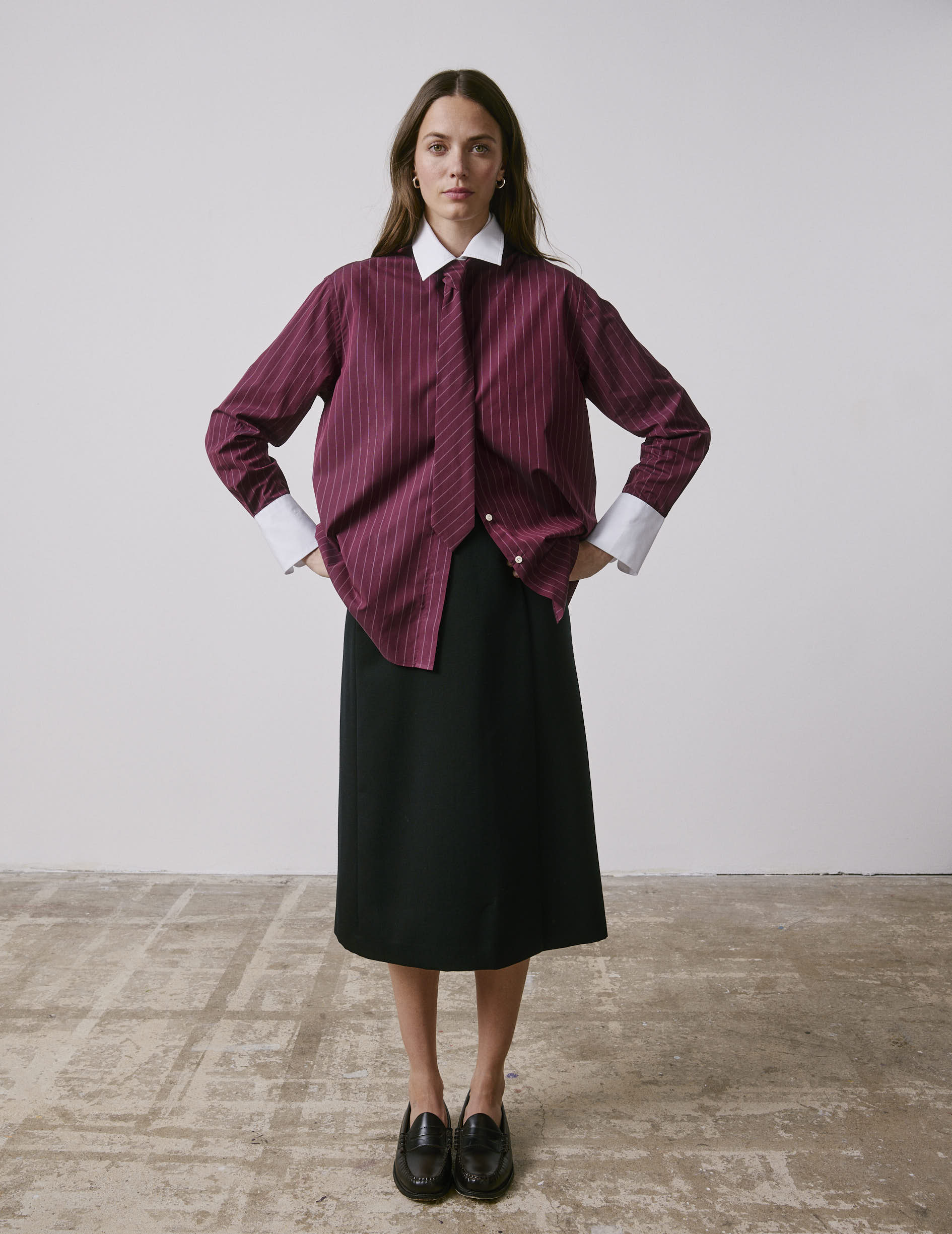 Burgundy striped Naéline shirt with removable tie - Poplin - Shirt Collar