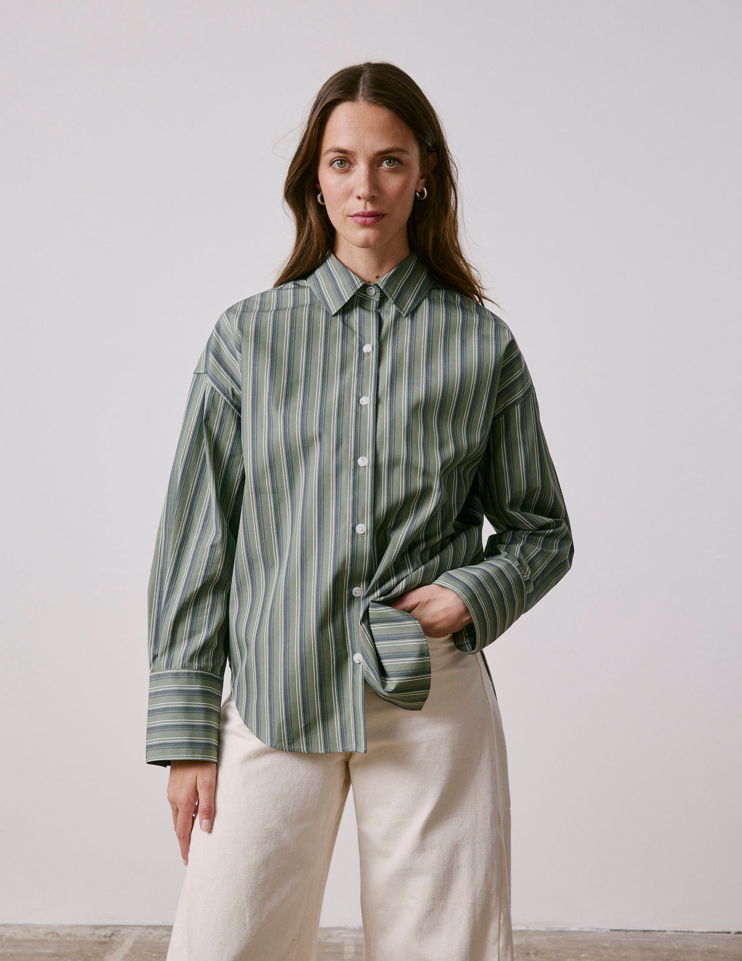 Khaki striped Noliana shirt - Poplin - Shirt Collar