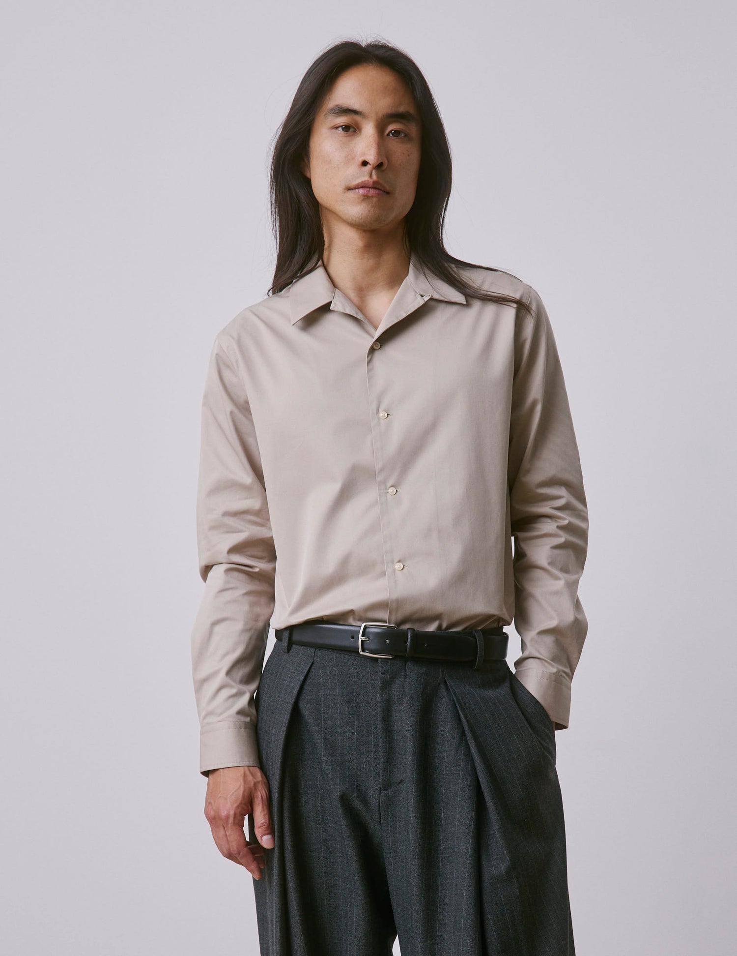Beige Nylan shirt - Twill - Cuban with bridle Collar