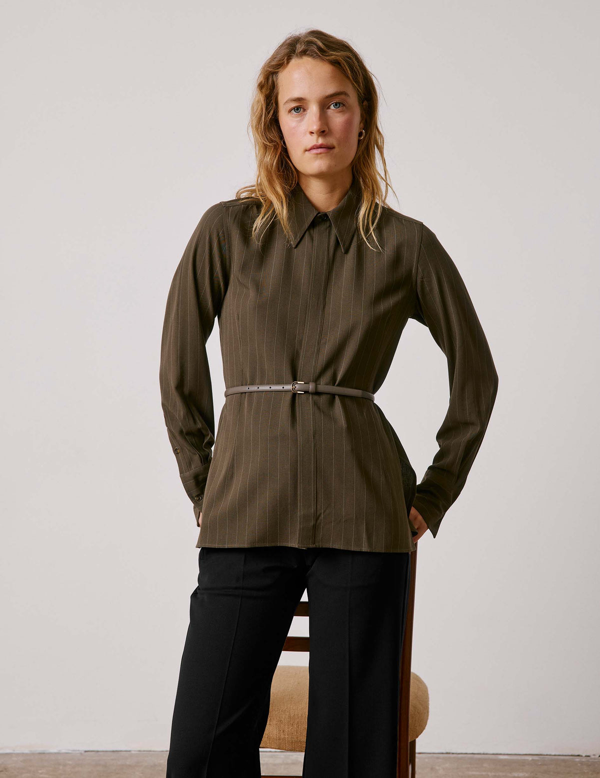 Khaki striped Pétale shirt - Viscose - Long Collar