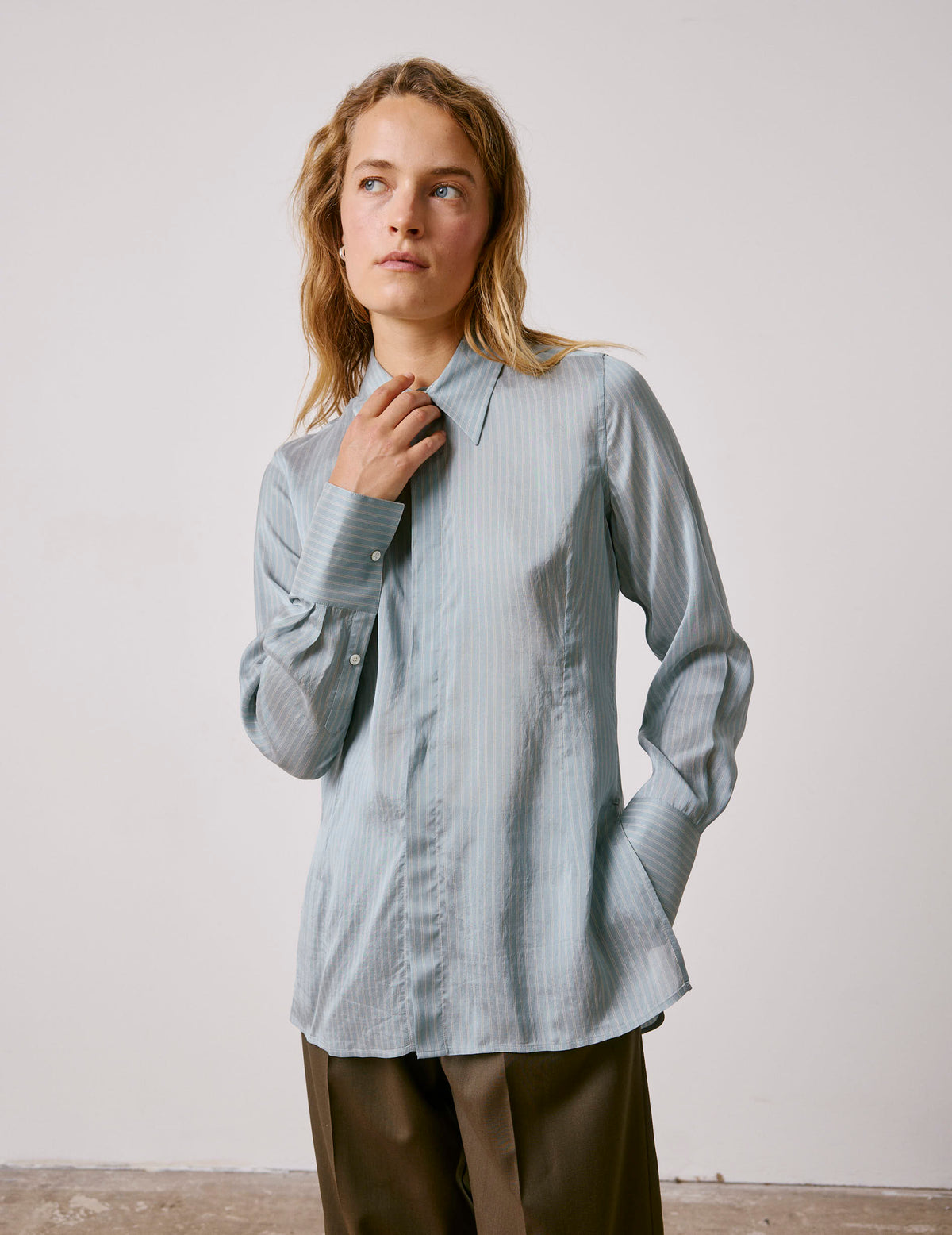 Light blue striped Pétale shirt - Crepe - Long Collar#4