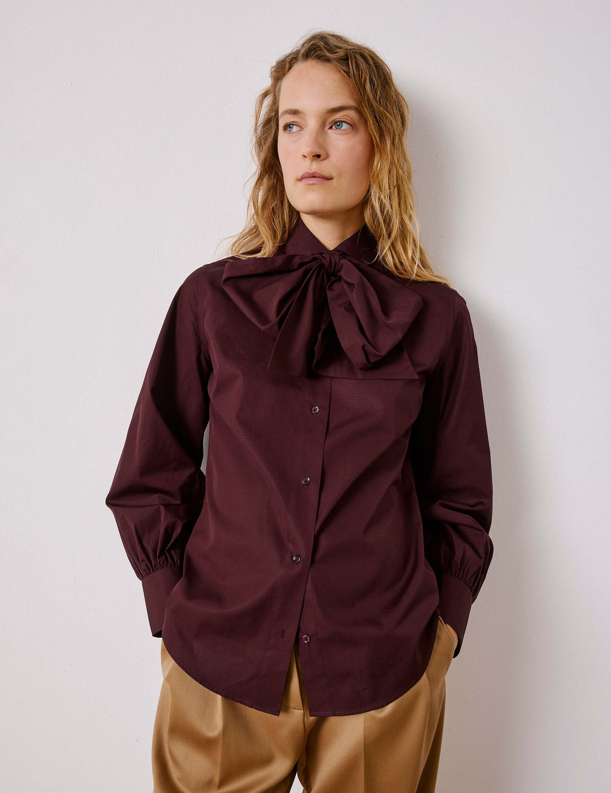Burgundy removable pussybow collar Pétula shirt - Poplin - Cravat Collar