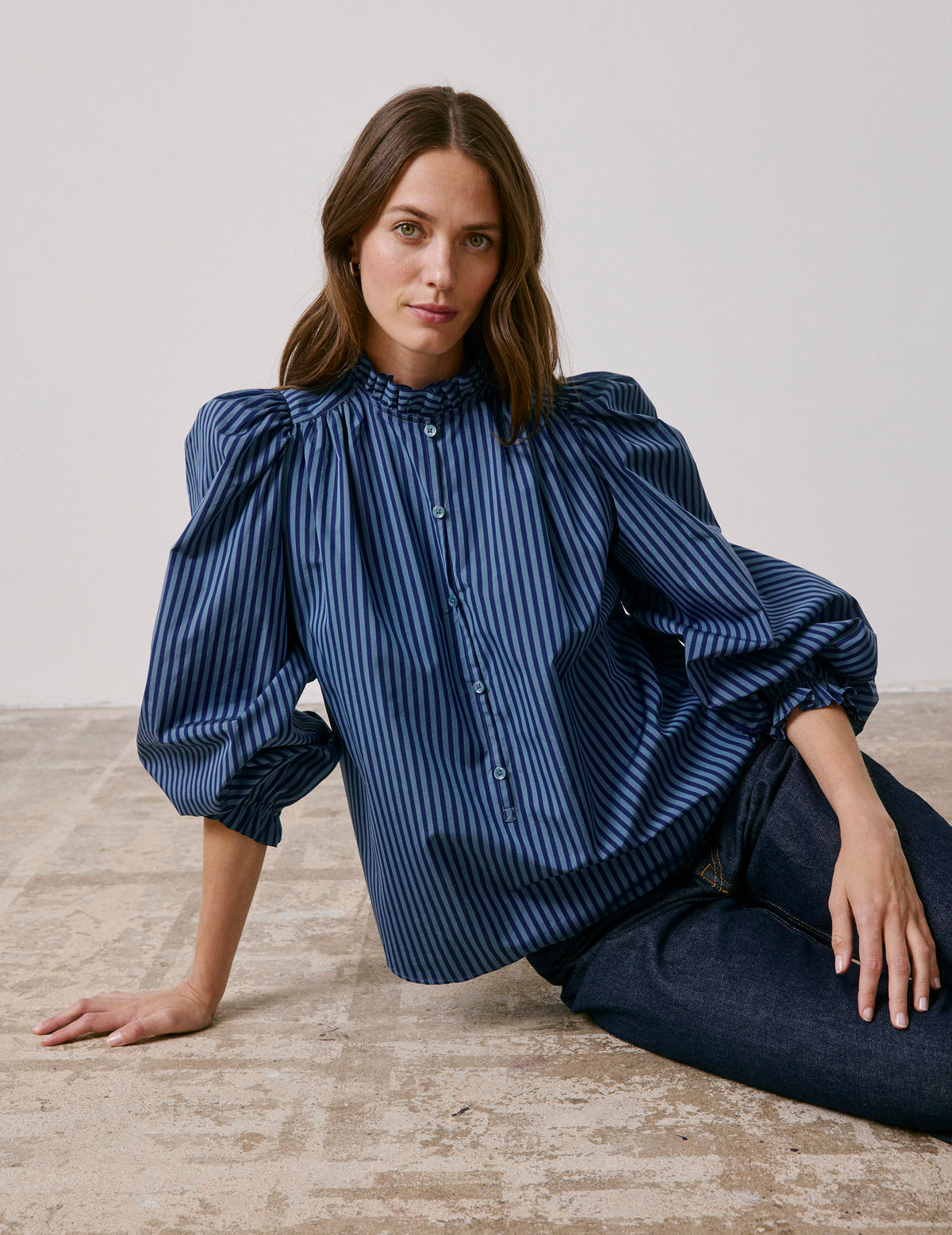 Blue striped Phillie blouse - Poplin - Victorian Collar