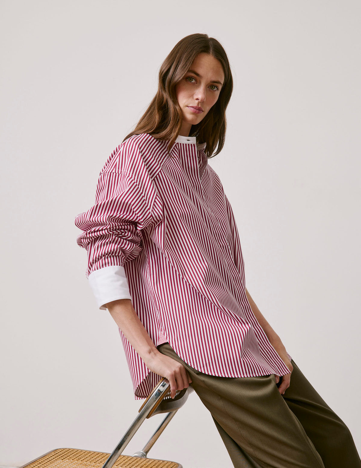 Burgundy striped oversized Pia shirt - Poplin - Officer Collar