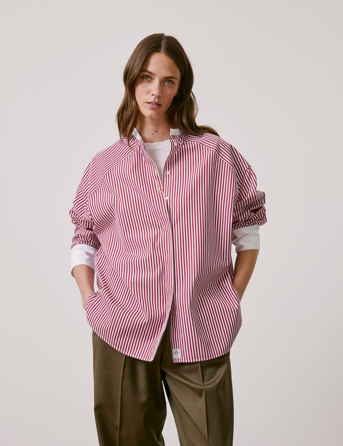 Burgundy striped oversized Pia shirt - Poplin - Officer Collar