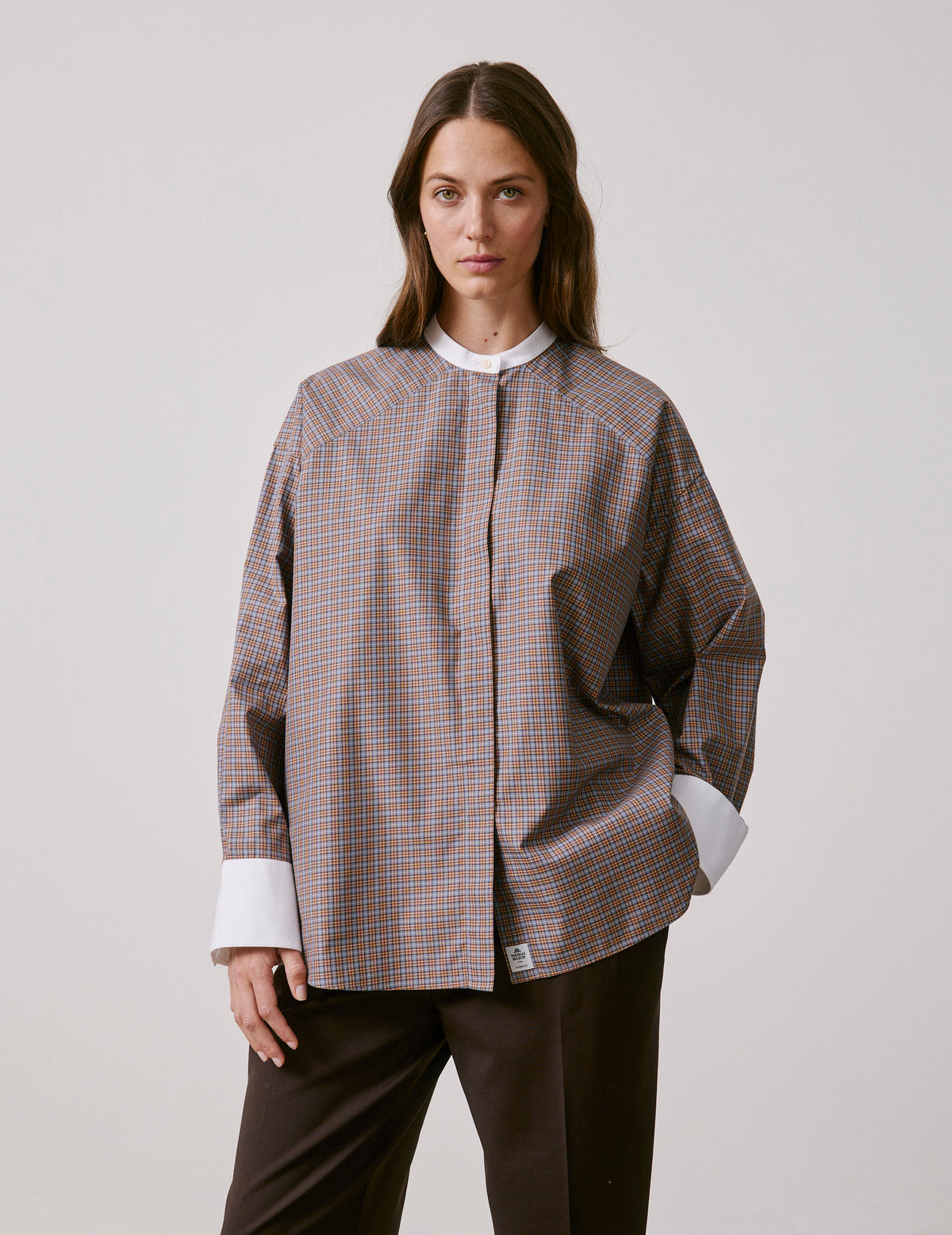 Camel check oversized Pia shirt - Poplin - Officer Collar