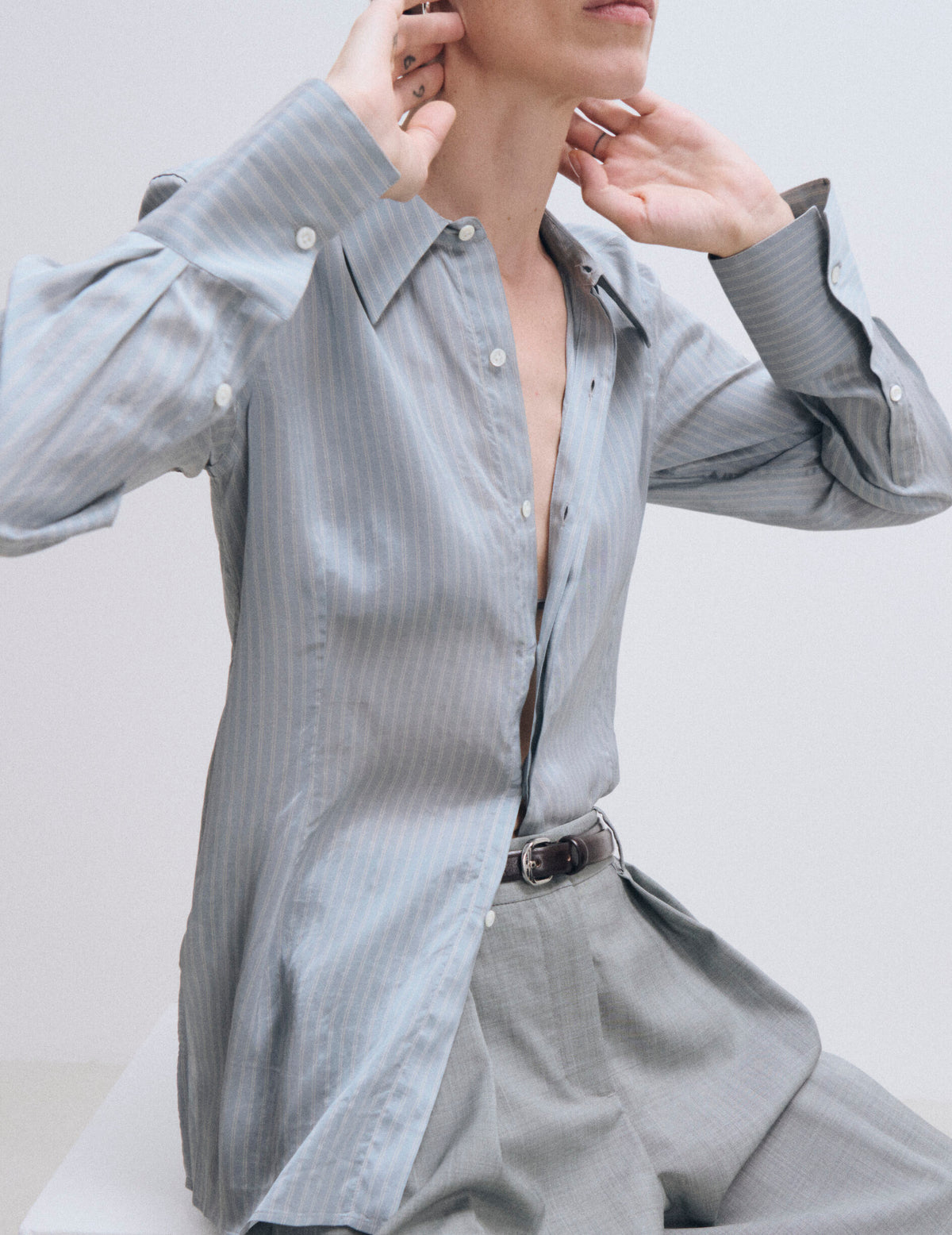 Light blue striped Pétale shirt - Crepe - Long Collar#5