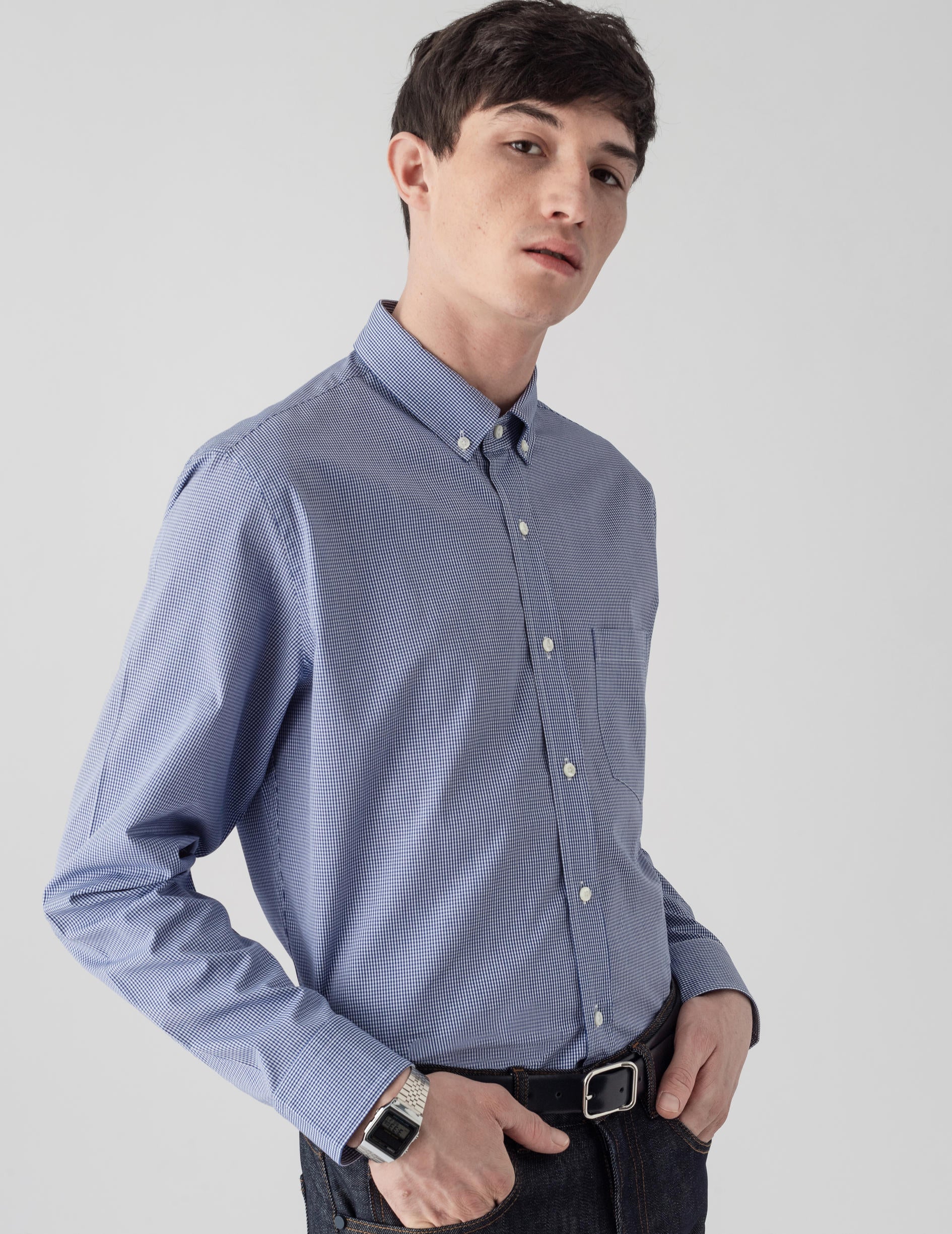 Semi-fitted navy check shirt - Poplin - American Collar