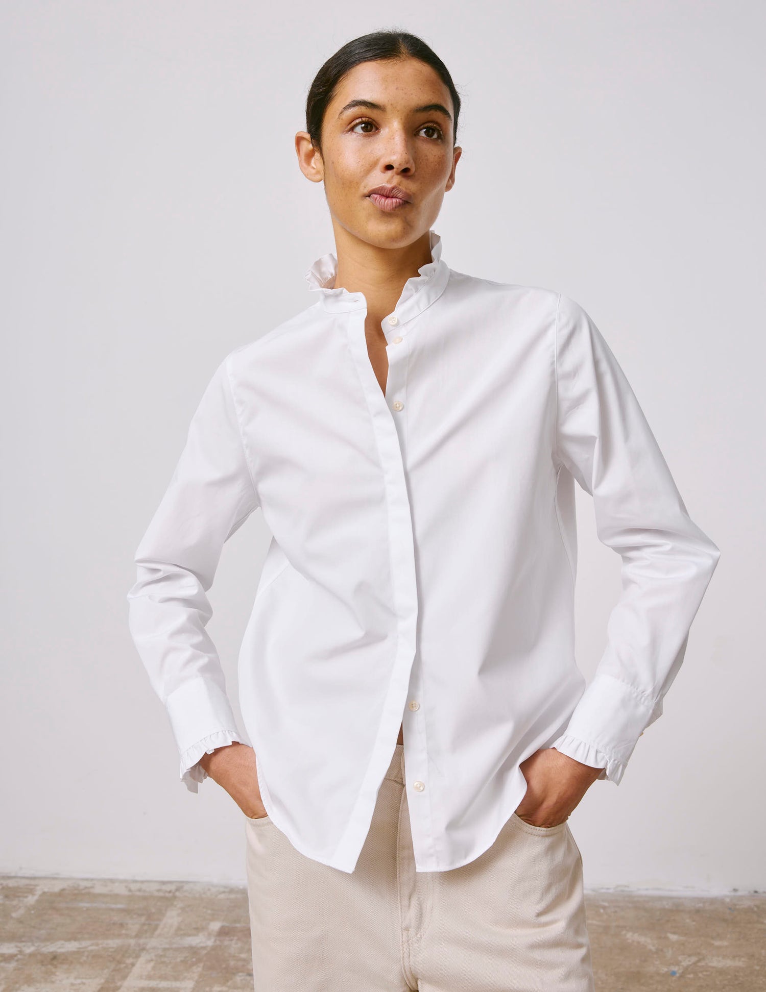 White hidden buttons placket Louison shirt - Poplin - Victorian Collar#3
