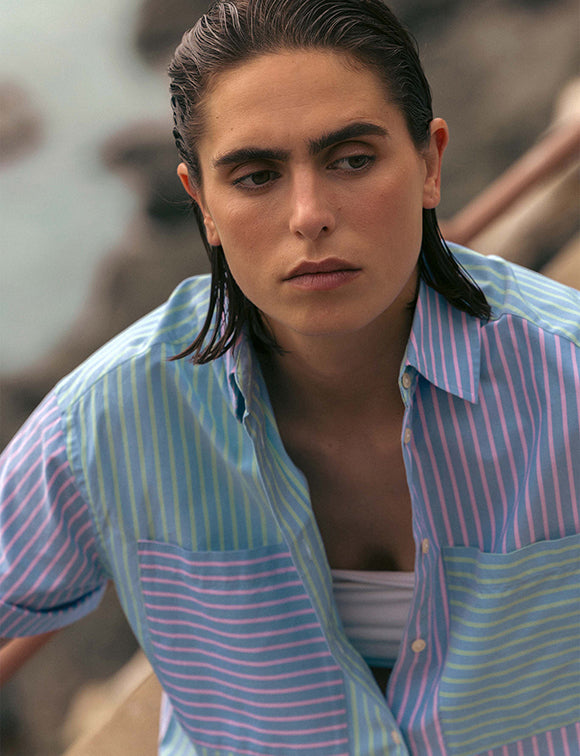 Short sleeve green Lilou Fun shirt - pin point - Shirt Collar