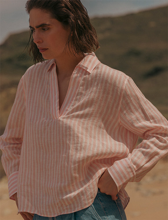 Pink striped linen Harmelle blouse - Linen - V Collar