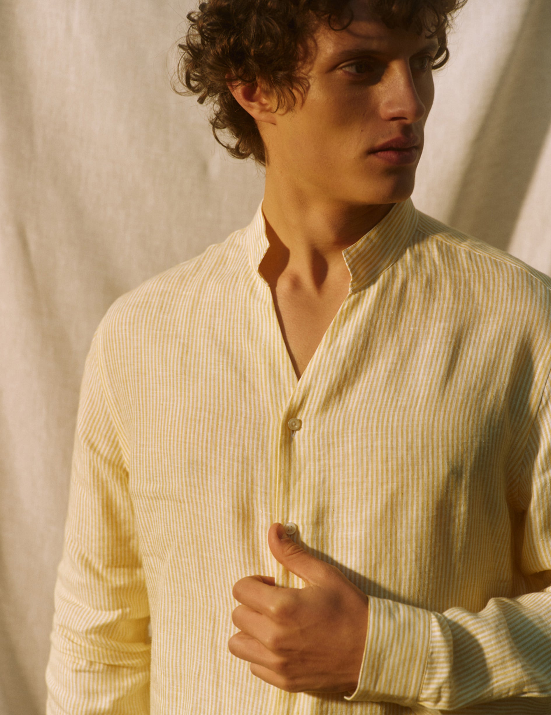 Yellow striped linen Carl shirt - Linen - Open Straight Collar