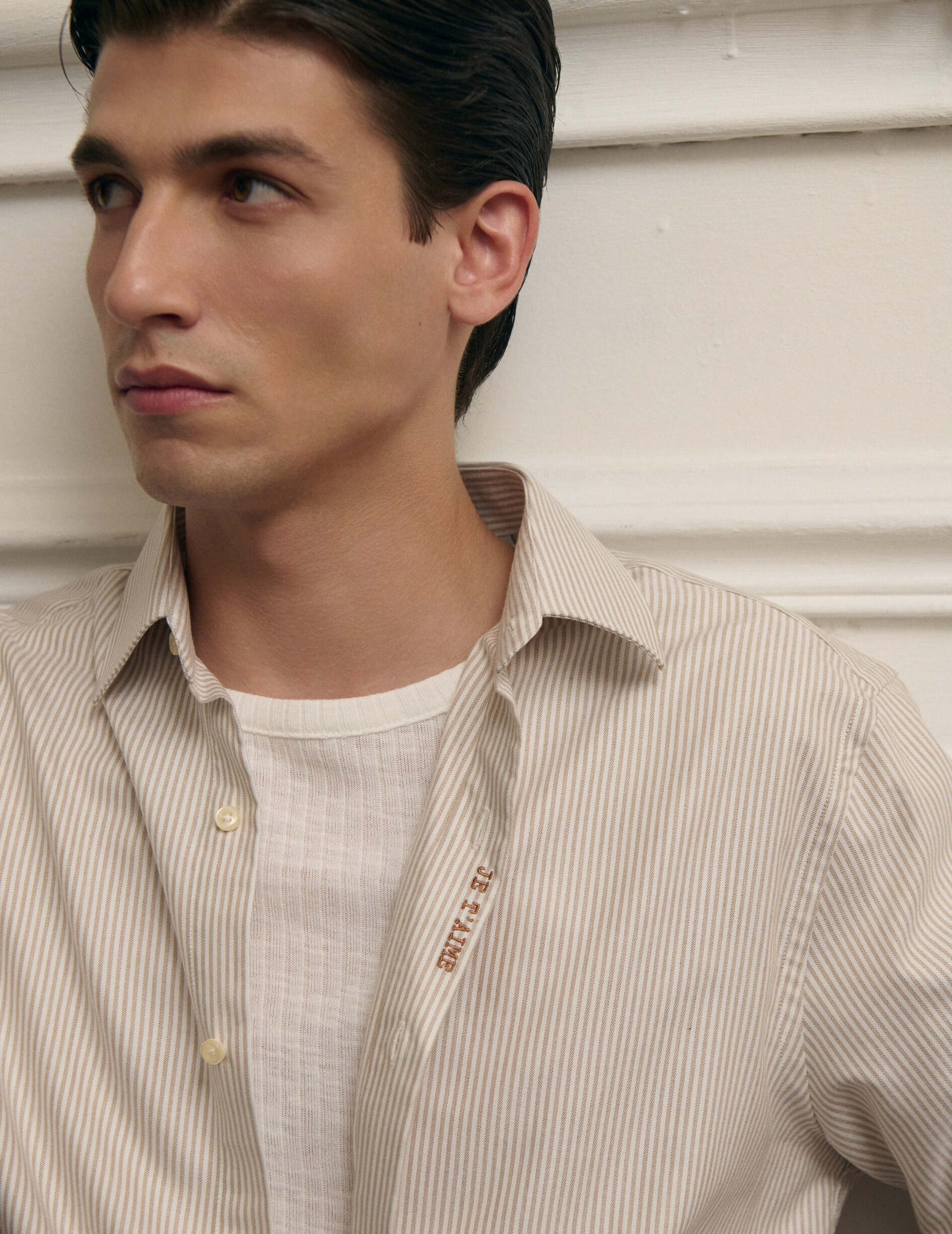 Unisex brown striped “Je t’aime” shirt - Coton - Figaret Collar