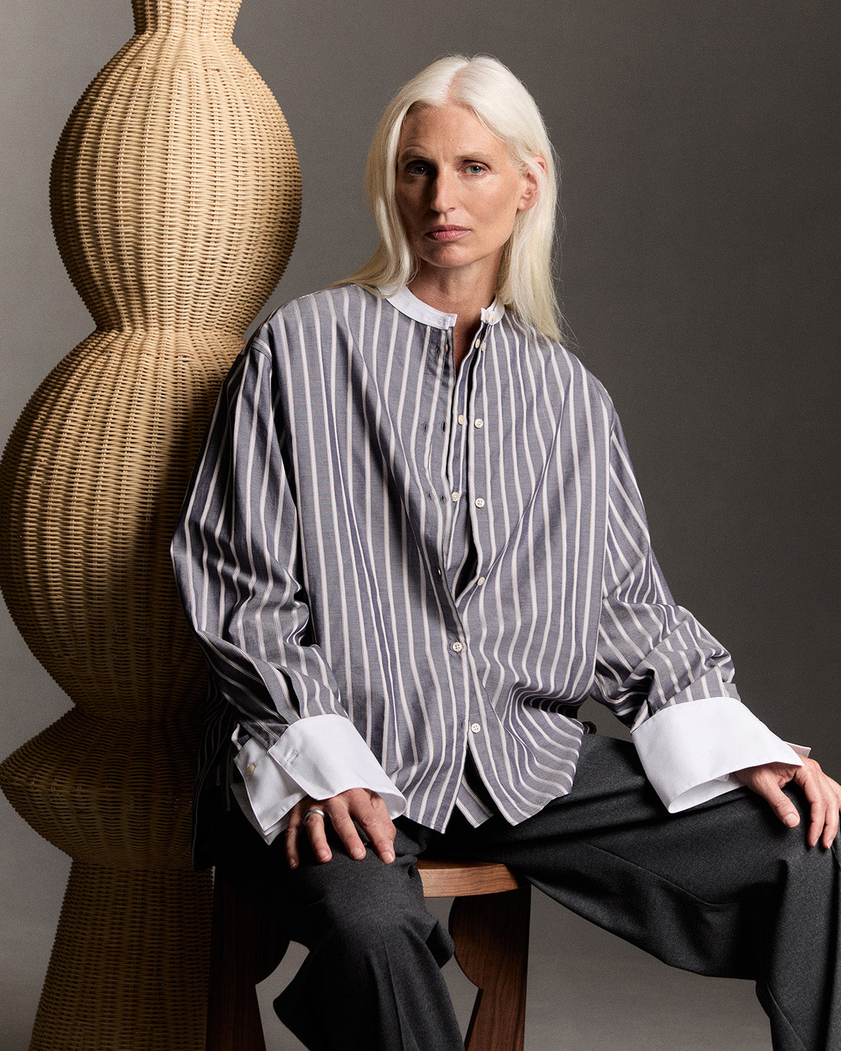 Maureen grey striped oversized shirt - Fil-à-fil - Officer Collar