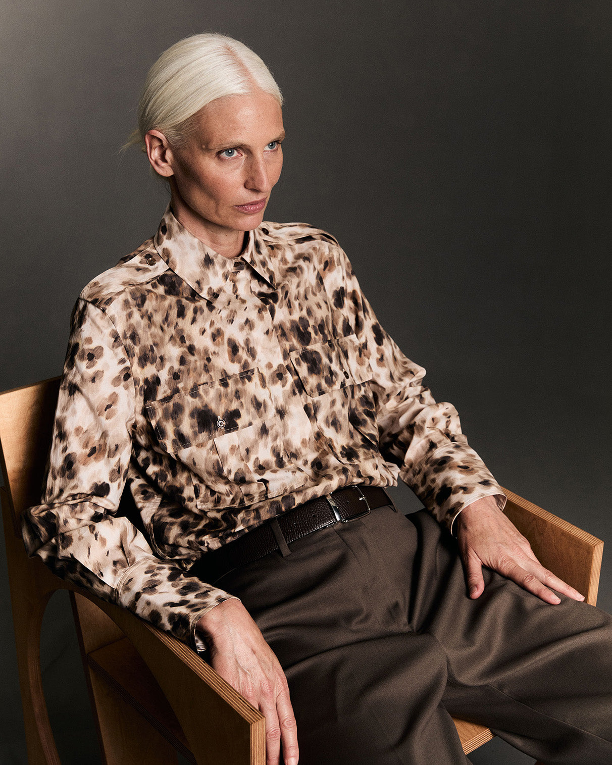 Maryline hidden button placket beige printed shirt