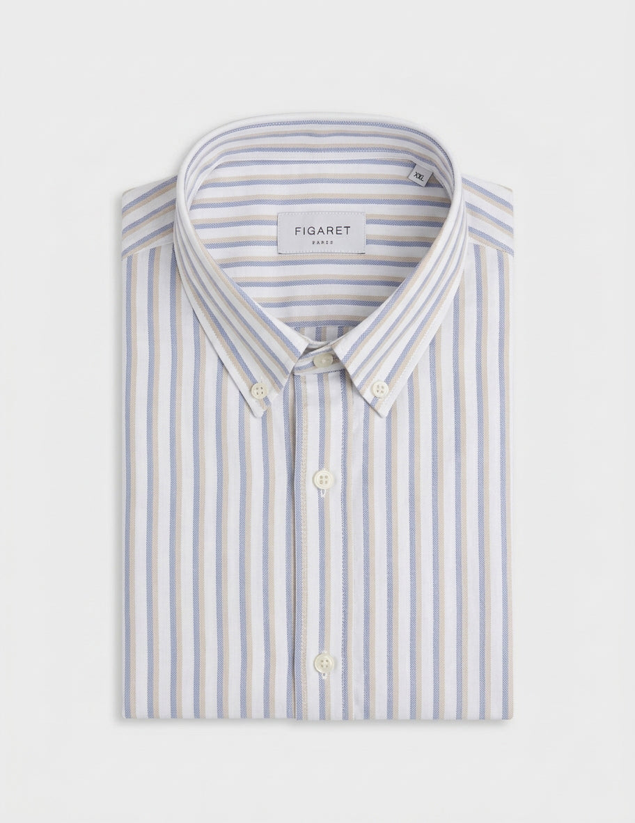 Beige striped Gaspard shirt - brushed oxford - American Collar