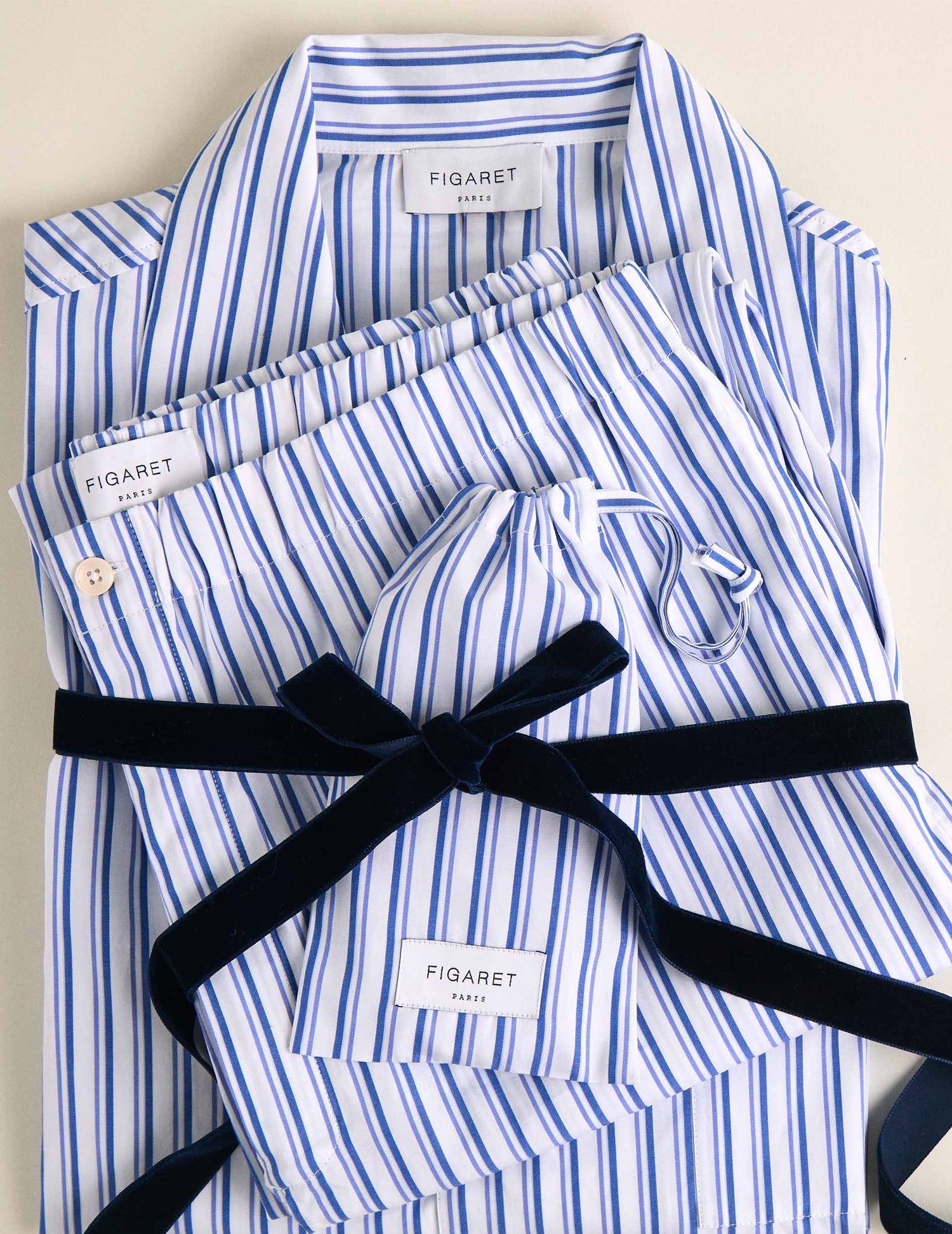 Blue striped poplin pyjama and sleep mask duo