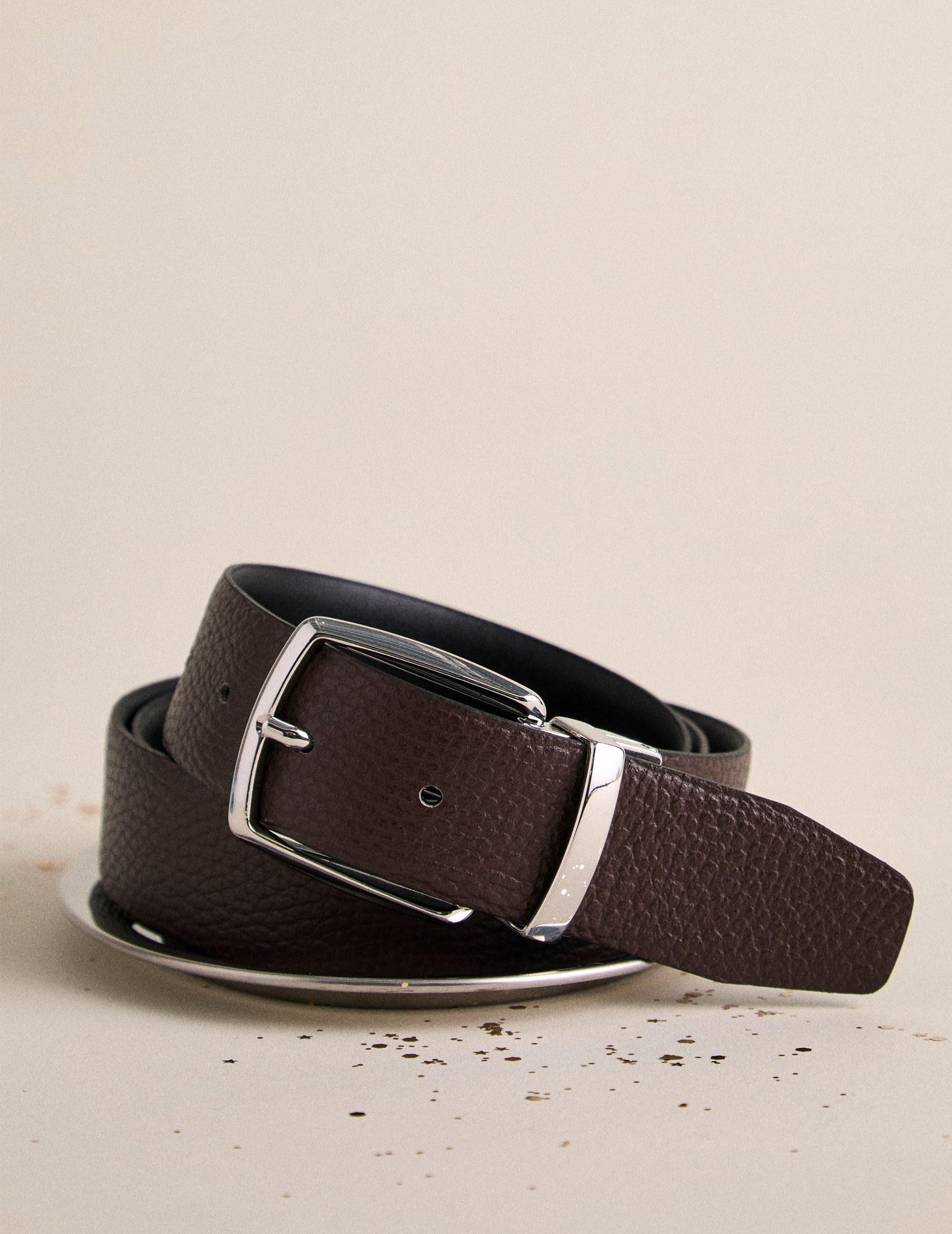 Reversible belt in black smooth leather and brown grained leather