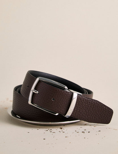Reversible belt in black smooth leather and brown grained leather
