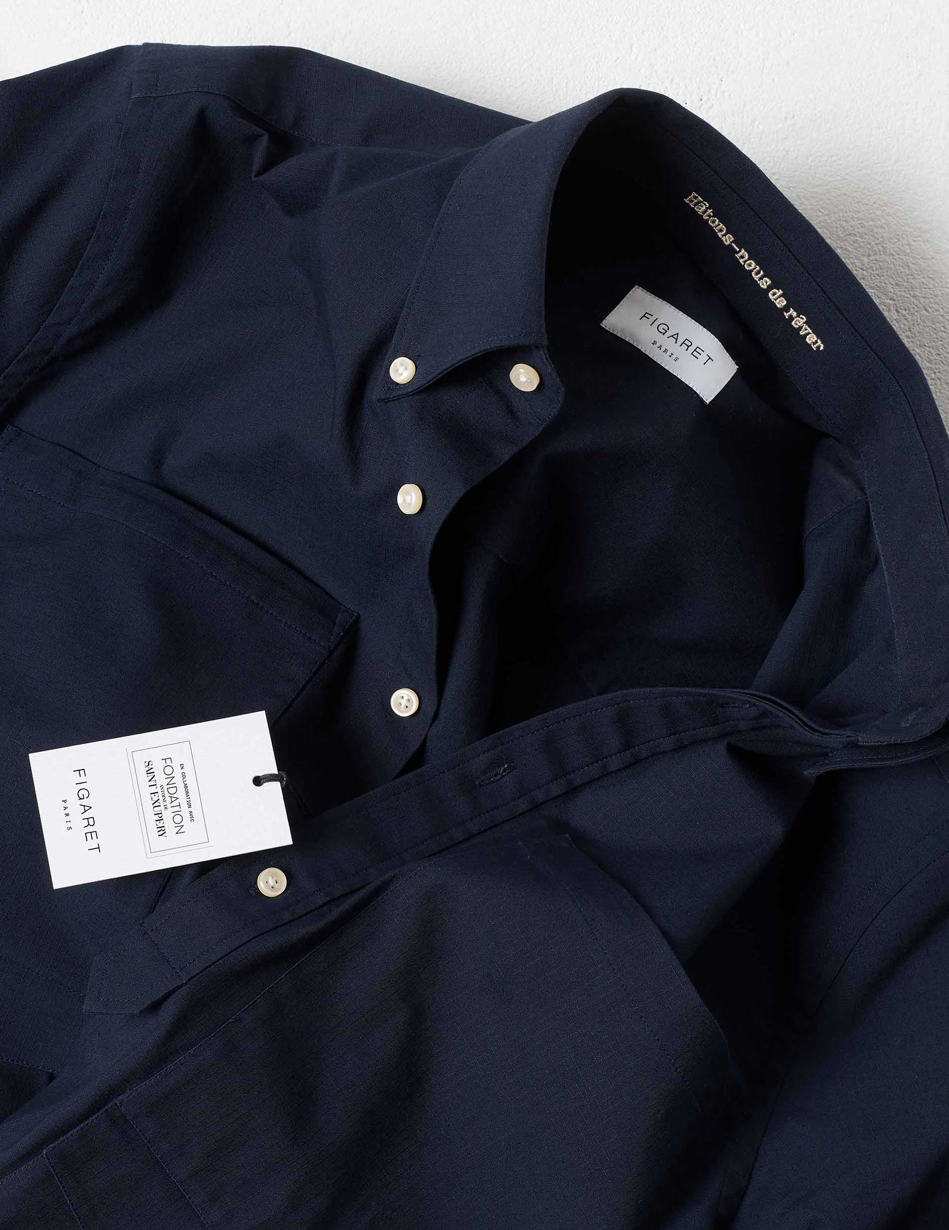 Antoine navy embroidered aviator shirt - Ripstop - Prodigious buttoned Collar