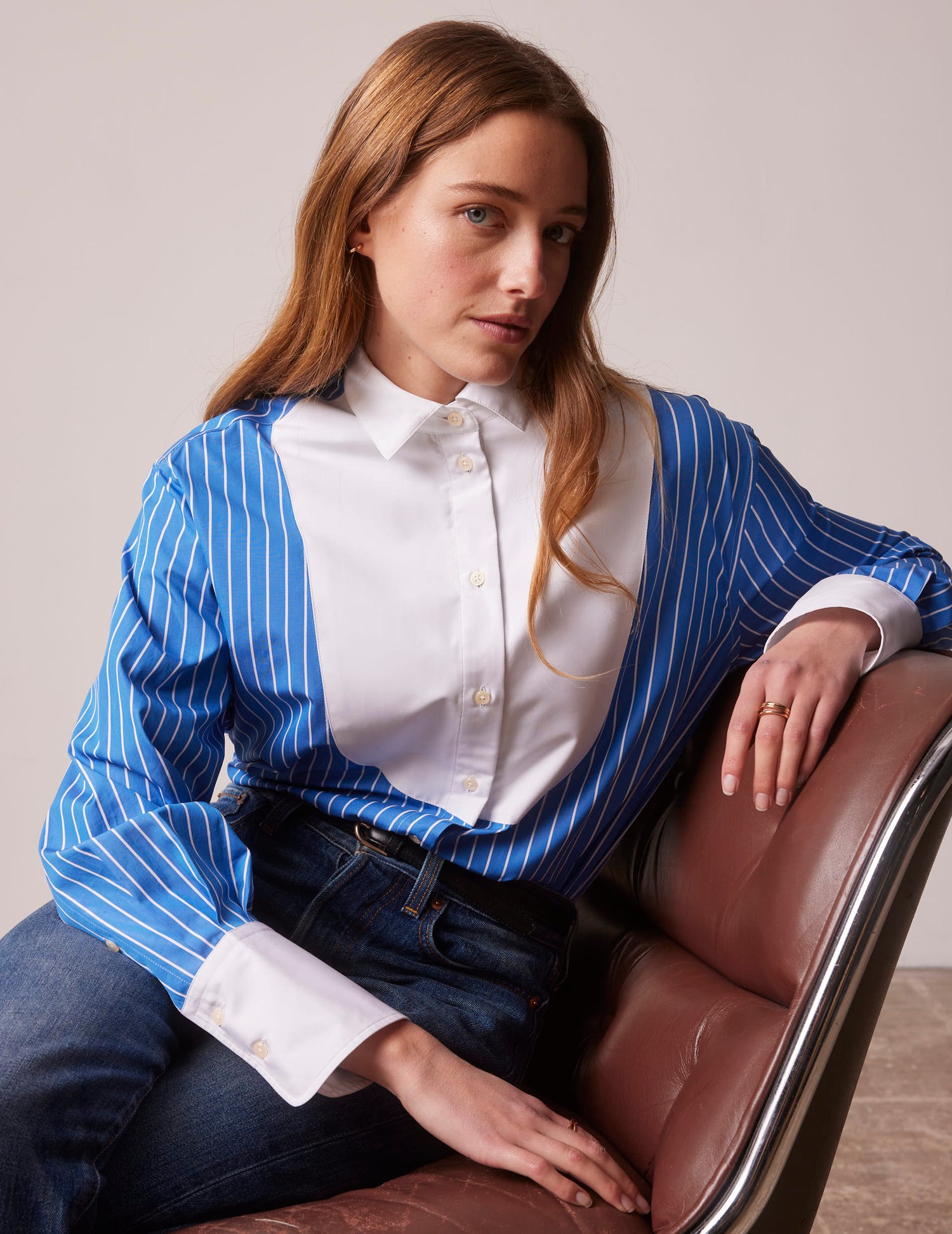 Oversized blue striped Lune shirt with bib - Popeline - Chemise Collar#3