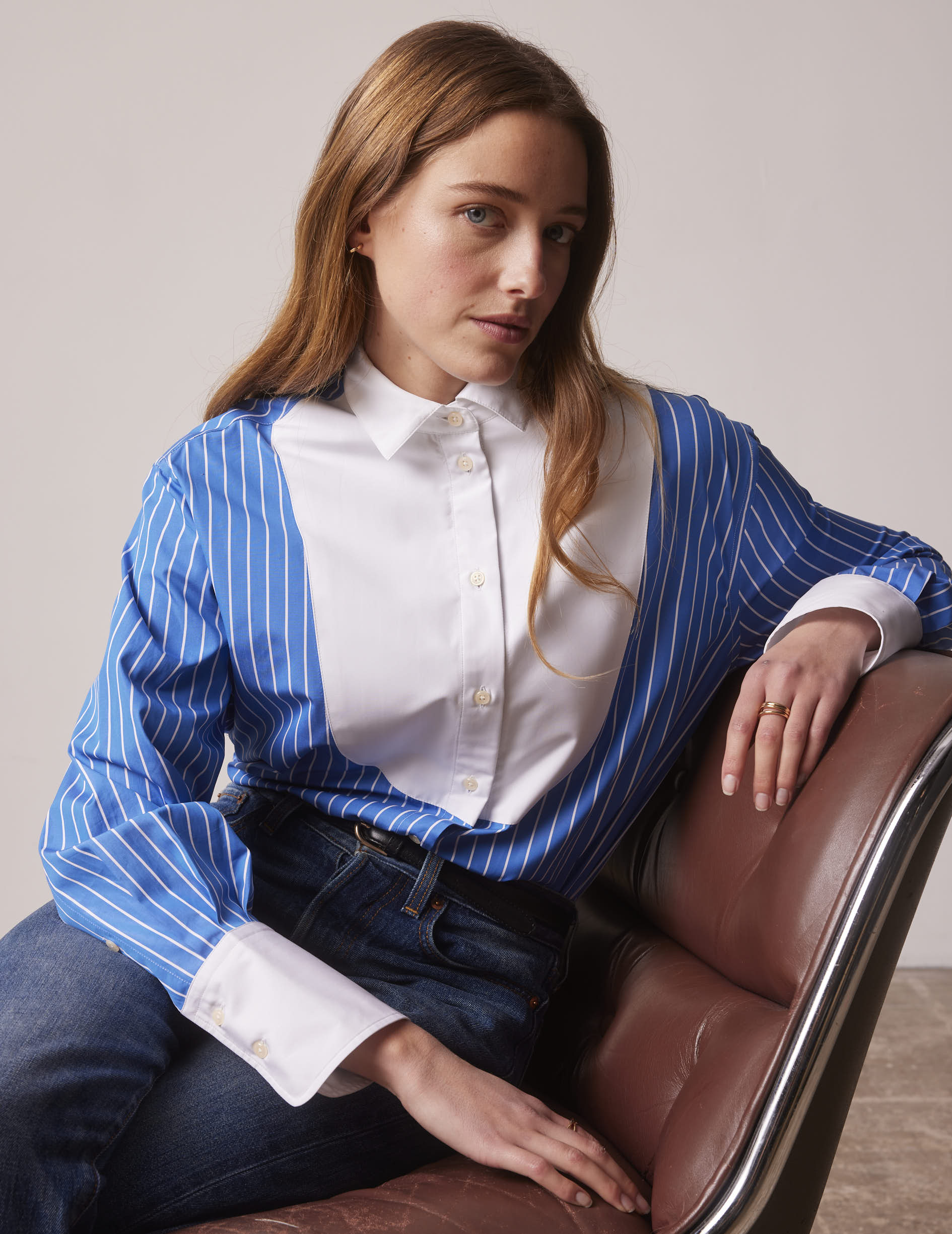 Oversized blue striped Lune shirt with bib - Popeline - Chemise Collar