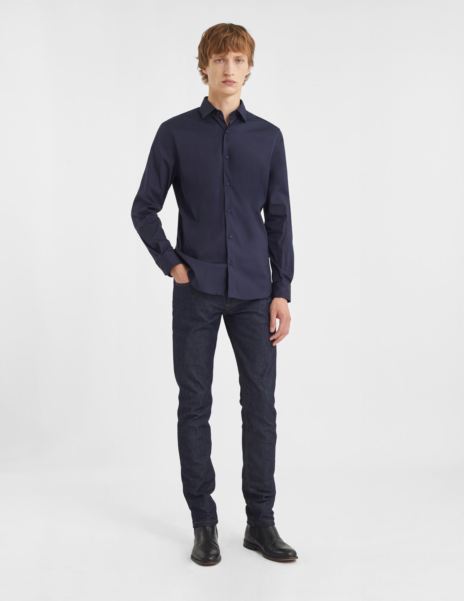 Fitted navy stretch shirt - Poplin - Figaret Collar#5