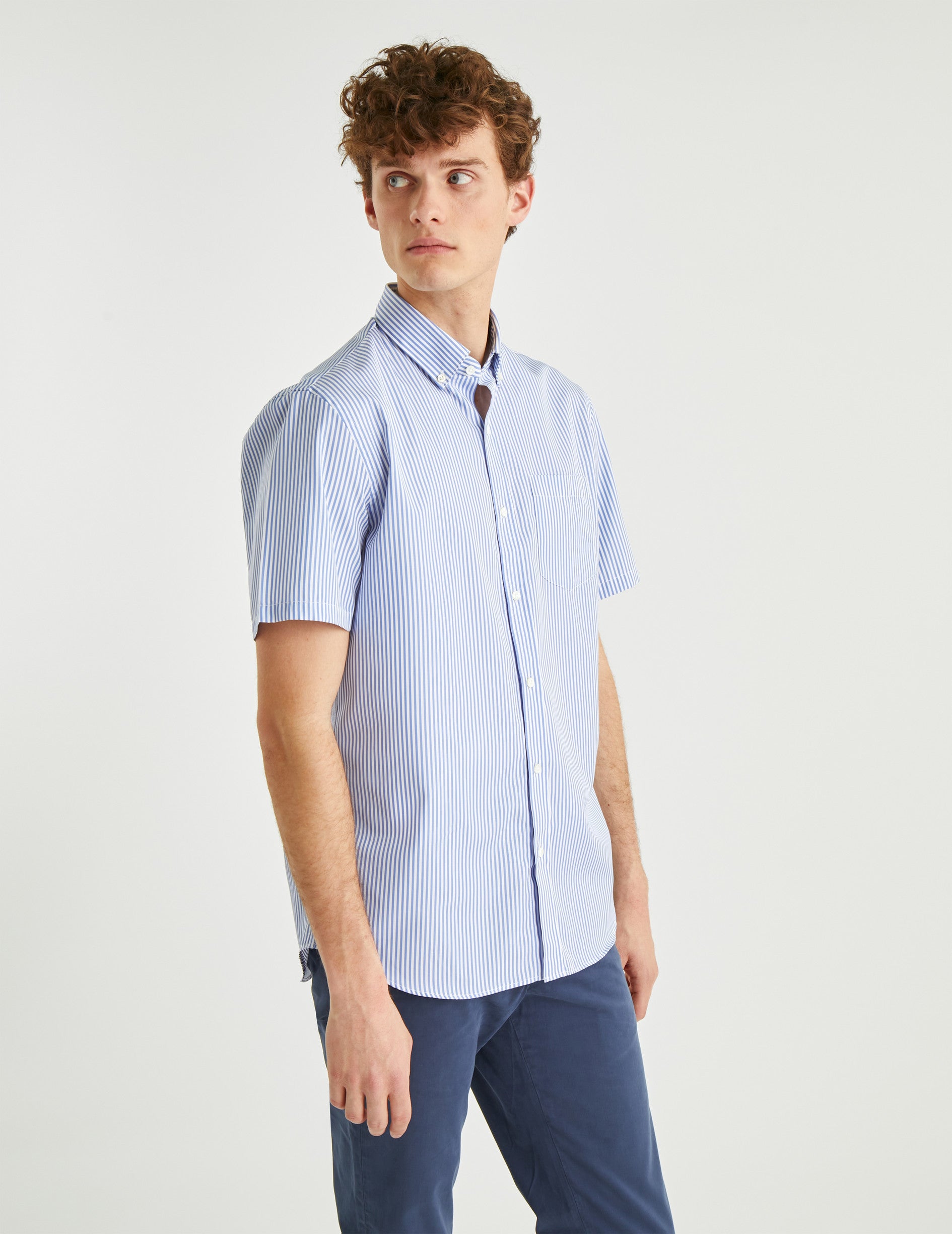 Classic blue striped short-sleeved shirt - Poplin - American Collar