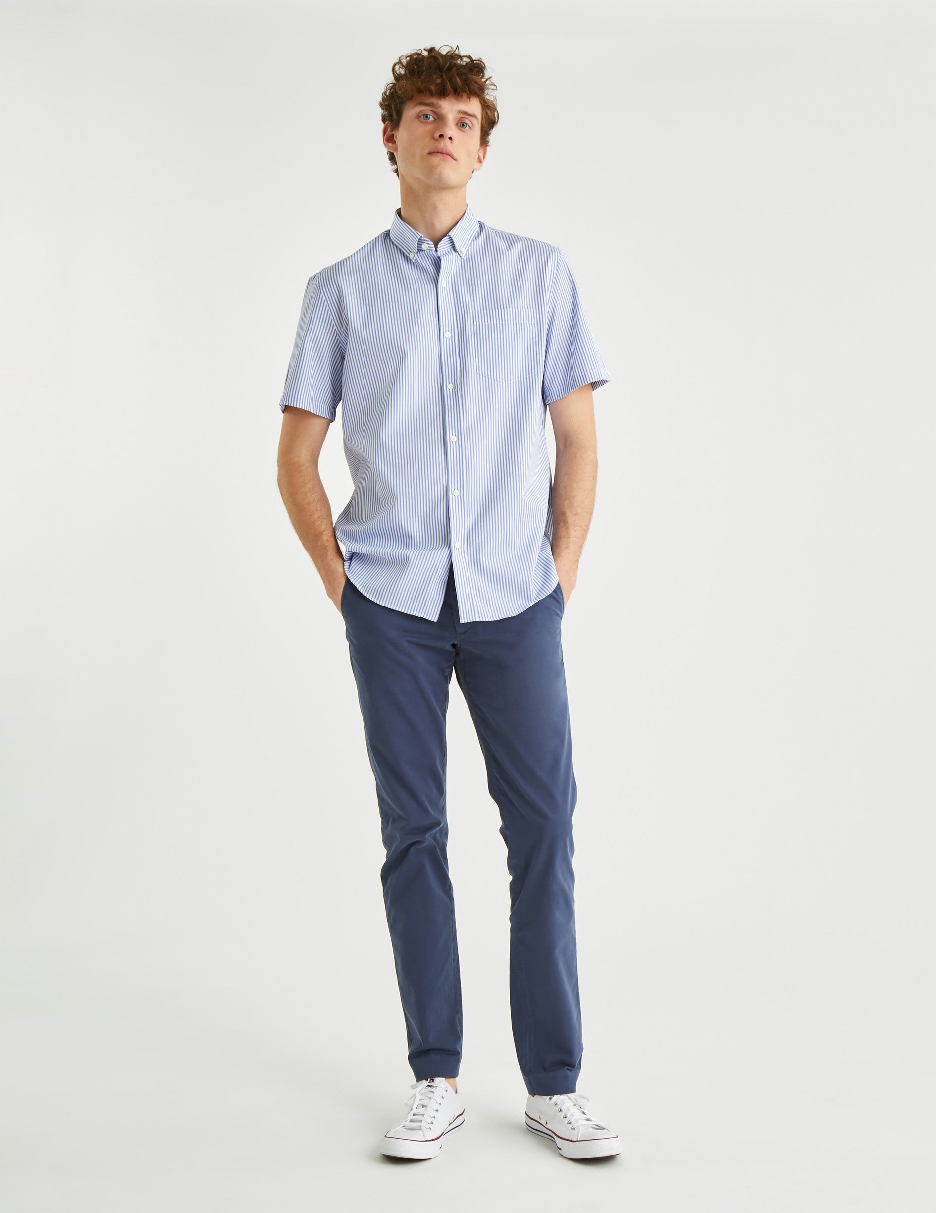 Classic blue striped short-sleeved shirt - Poplin - American Collar