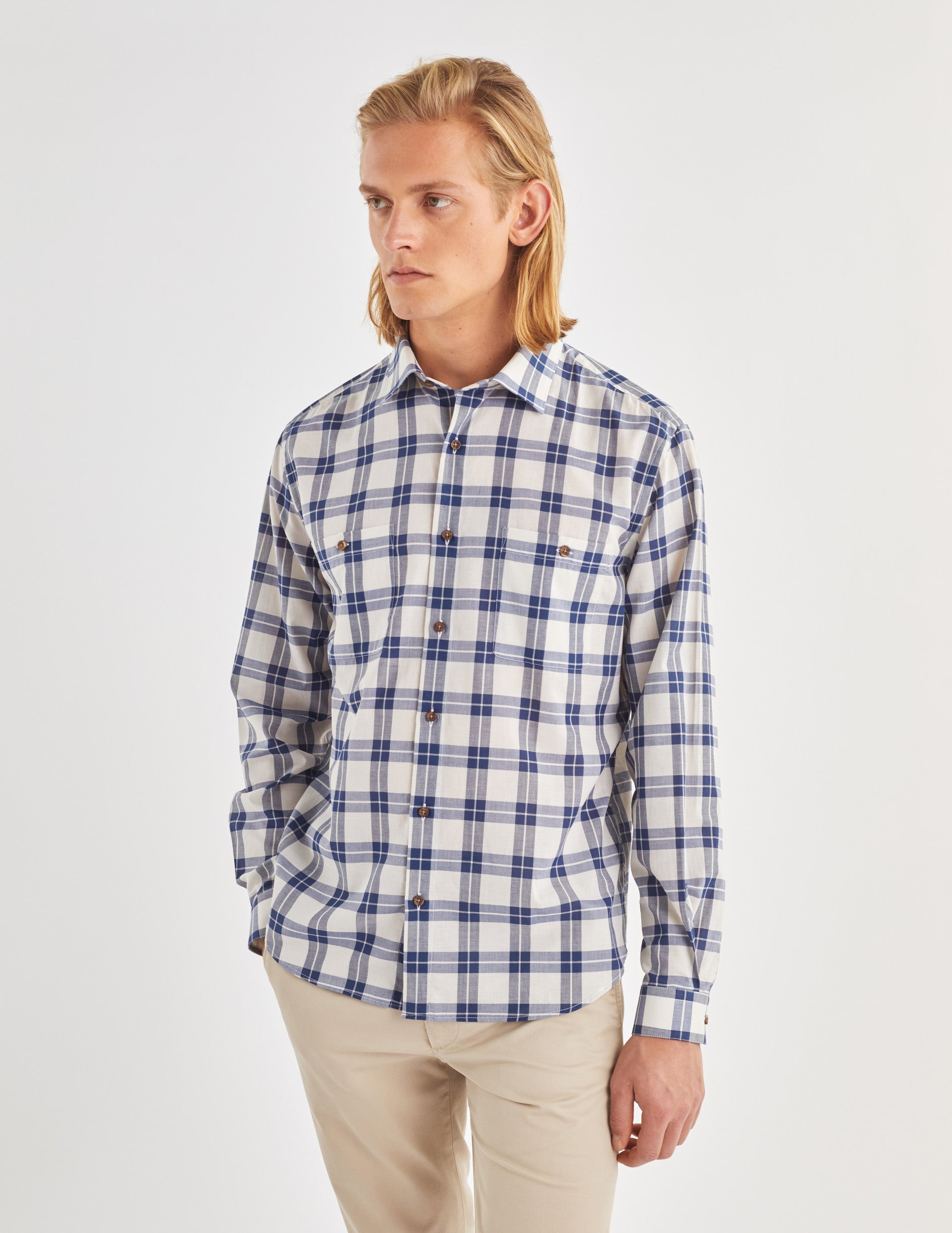 Chemise Léonard à carreaux marine - Popeline - Col Français