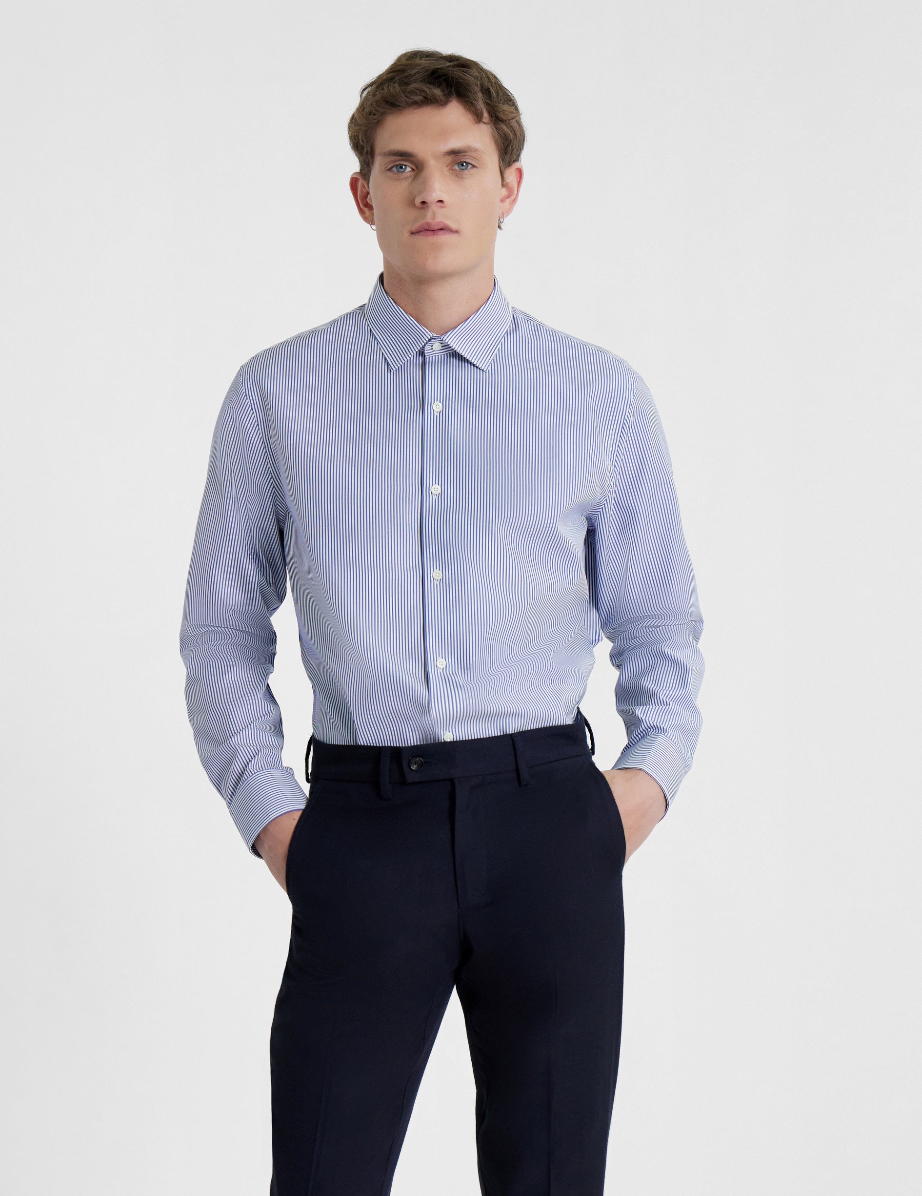 Semi-fitted blue striped shirt - Poplin - Figaret Collar